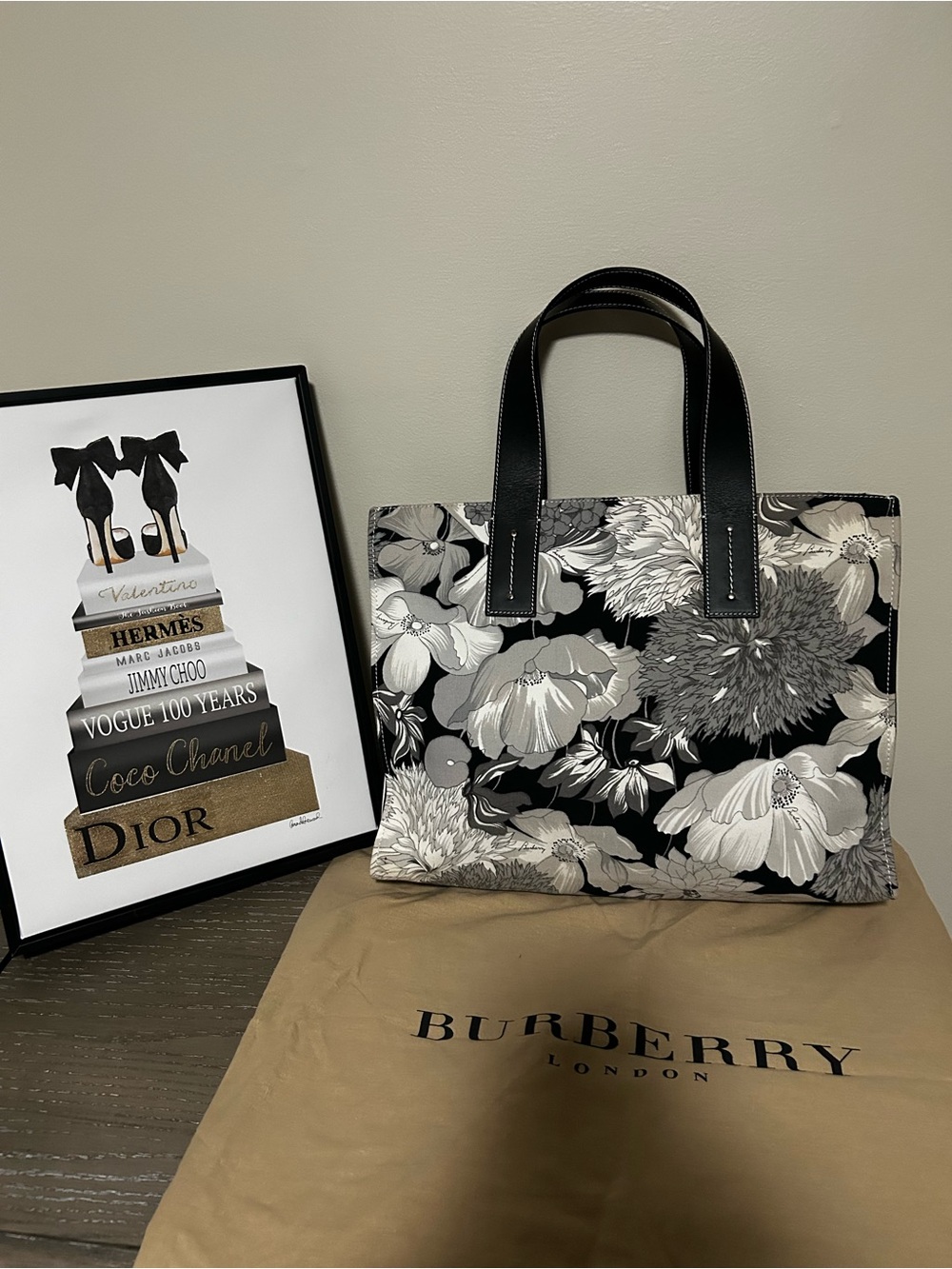 Burberry London Y2K Vintage Leather Trimmed Floral Canvas Tote With Pouch